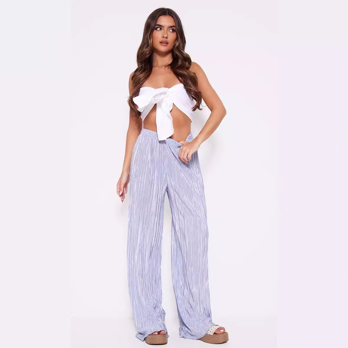 Summer Women Wide Leg Pants High Grade Luxury Pleated Satin Flash Casual Pants Bella Mia